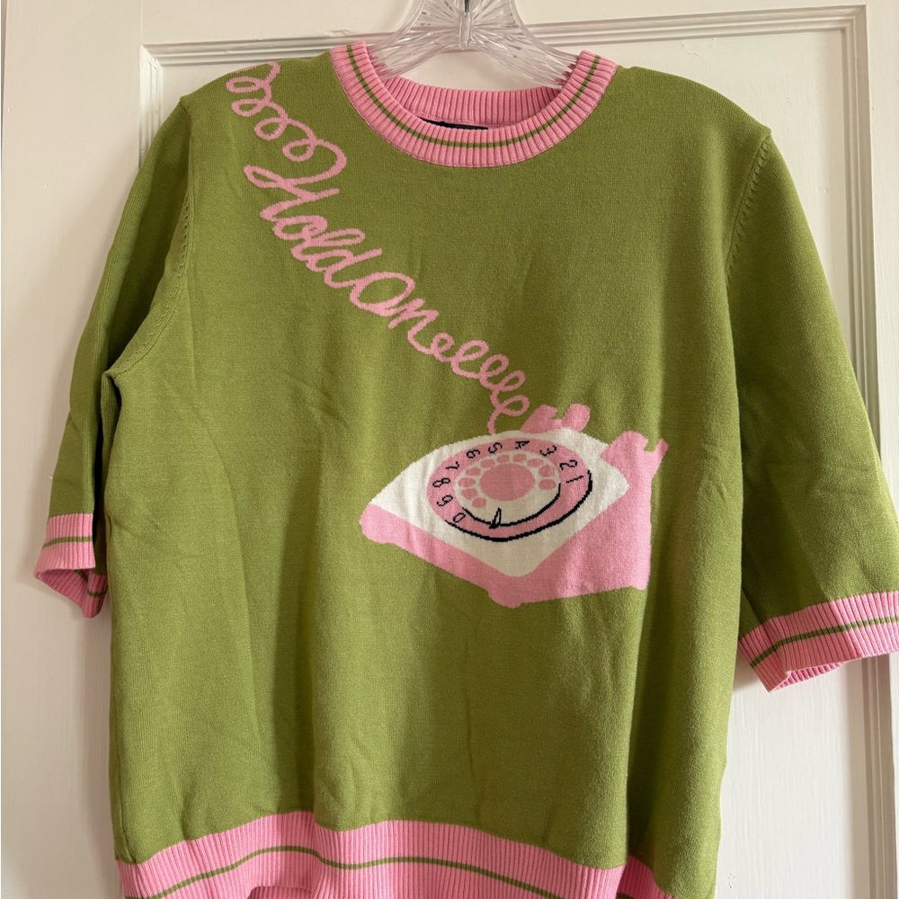 Green and Pink Novelty Telephone Crewneck Sweater